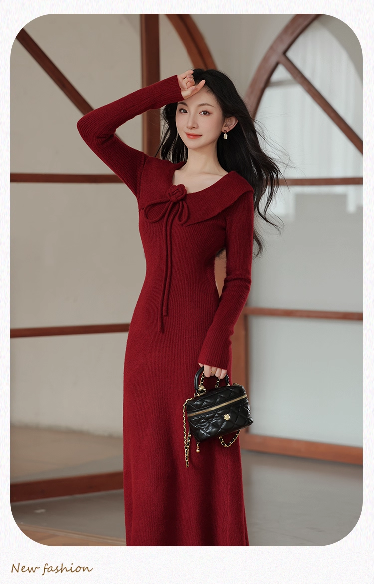 Vintage Burgundy Sheath Prom Dress Long-sleeve Evening Dress Knit Long Formal Dress TP4729