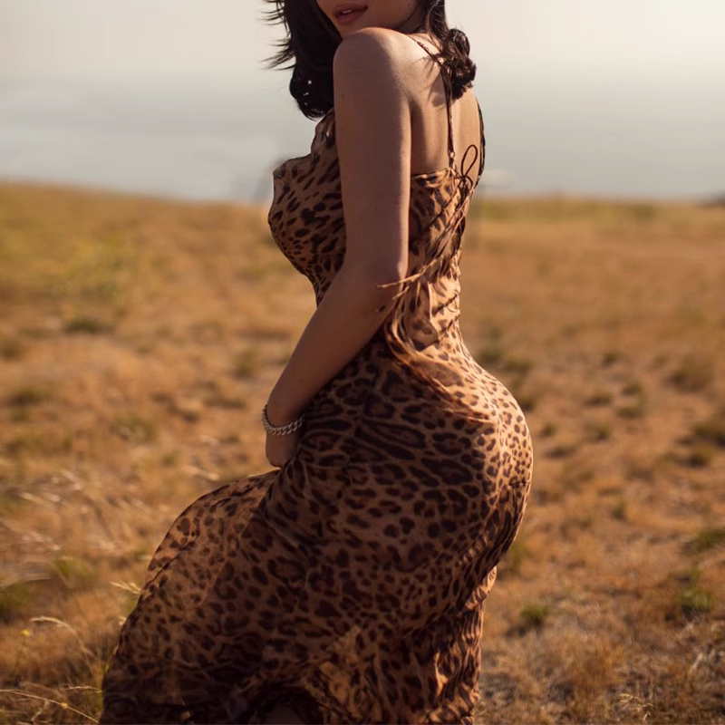 New Fashion Leopard Print Design A-line Spaghetti Strap Women Party Dress TP3897