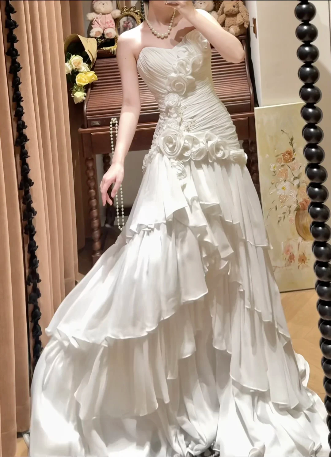 Romantic Strapless 3D Floral Ruffled Mermaid Tiered Chiffon Wedding Dress TP5321