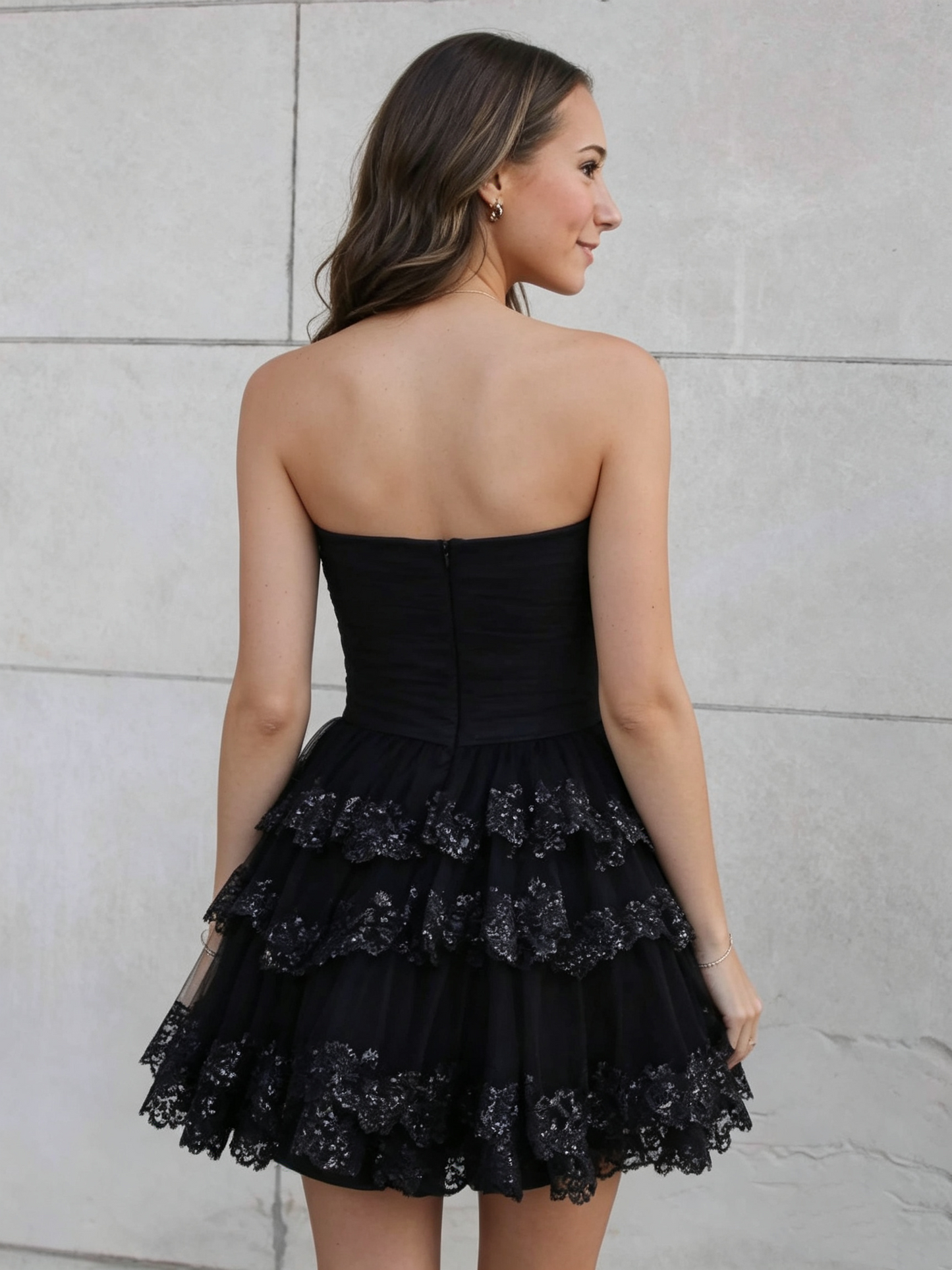 Vintage Black Strapless Ruched Bodice Tiered Sequin Tulle A-Line Homecoming Dress TP6007