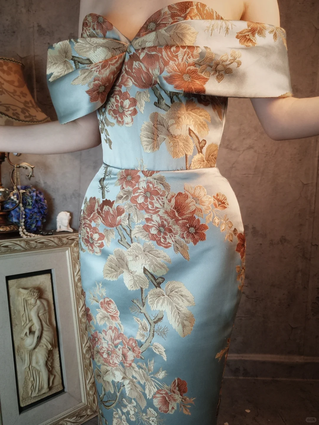 Vintage Floral Off-the-shoulder Sweetheart Design Elegant Satin Evening Dress Prom Dress TP4031