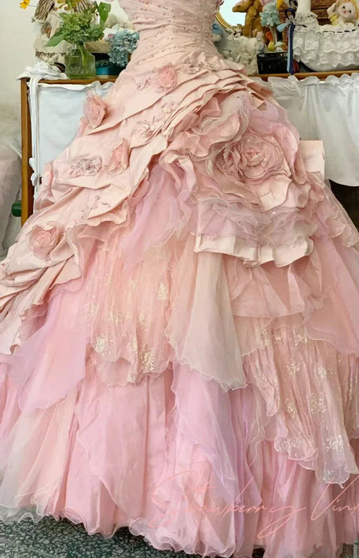 Elegant Pink 3D Flower Sweet 16 Quinceanera A-Line Floor-length Prom Dress Birthday Dress Evening Dress Ball Gown TP4421