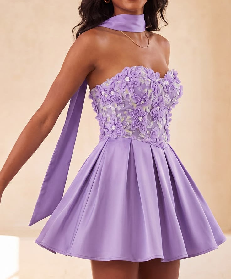Cute 3D Floral Applique Strapless Short A-Line Satin Ribbon Homecoming Dress TP5936