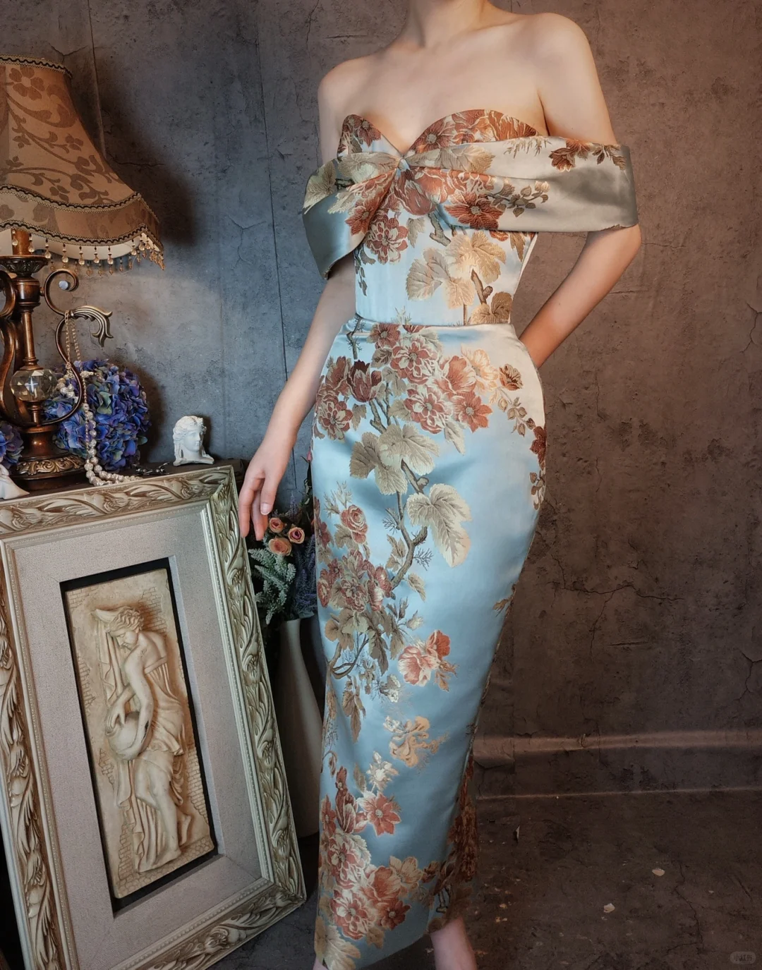 Vintage Floral Off-the-shoulder Sweetheart Design Elegant Satin Evening Dress Prom Dress TP4031