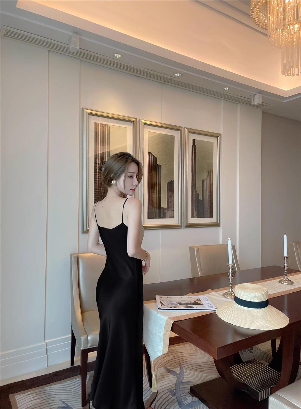 New Simple Design A-line Satin Sleeveless Spaghetti Strap Dress TP3277