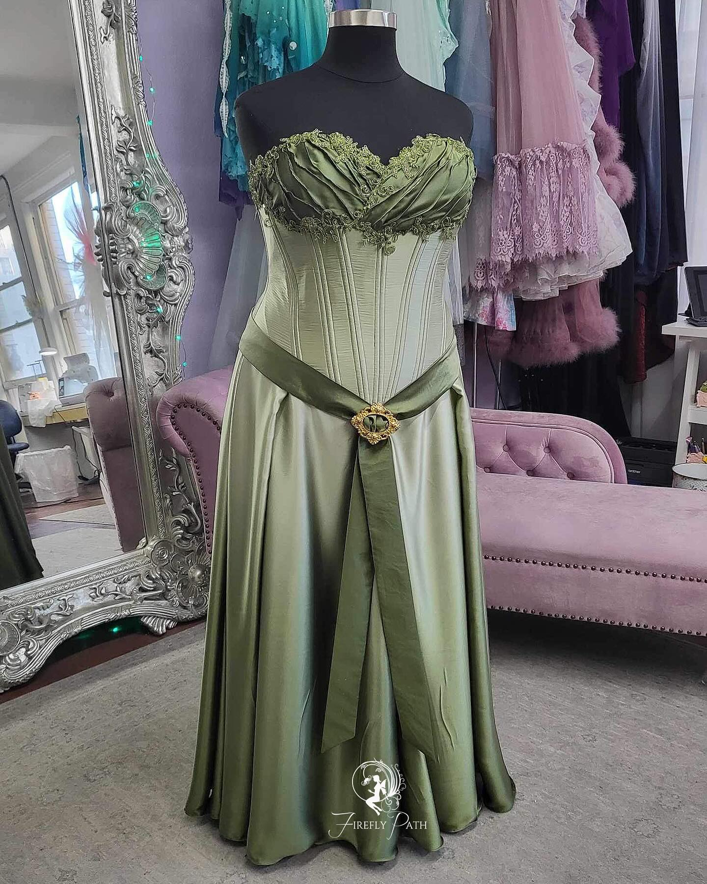 Vintage Strap Green Satin A-Line Prom Dress Evening Dress TP2385
