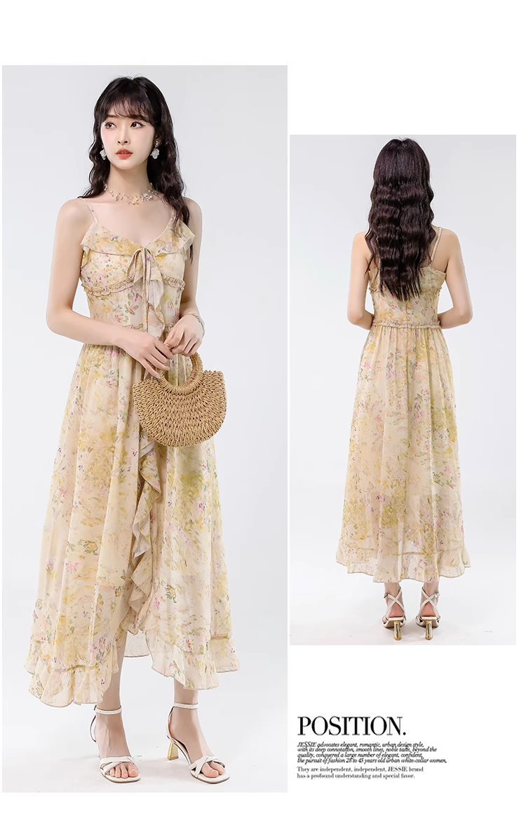 Vintage Yellow Ruffled Hem Floral Design Elegant A-line Spaghetti Strap Dress TP3360