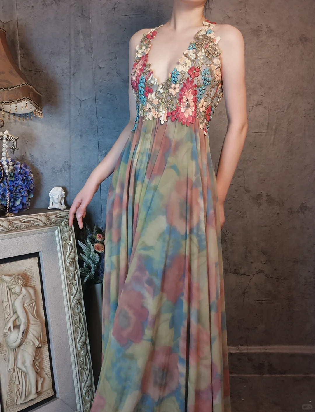 Vintage Floral Backless Design Elegant Chiffon Evening Dress Prom Dress TP4030
