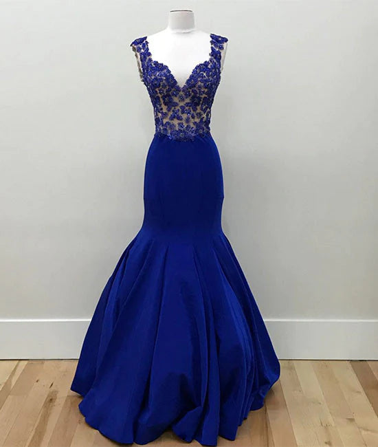 Royal blue v neck mermaid long prom dress, blue formal dress TP50