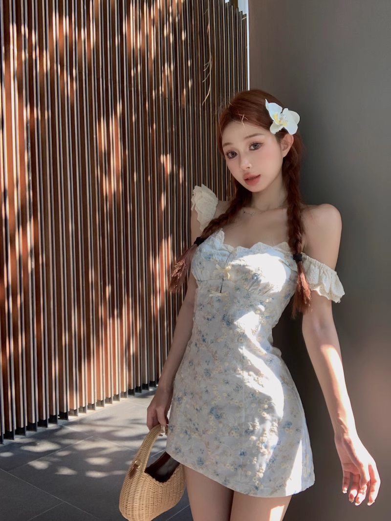 New Fashion Light Blue Floral Design A-line Sleeveless Short Floral Dress TP3430