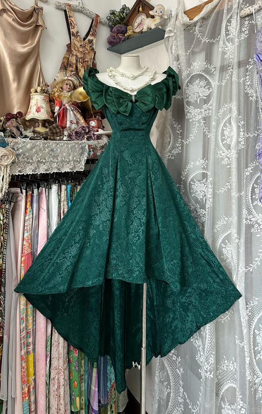 Vintage Dark Green Off-the-shoulder Irregular Hem Design A-Line Applique Prom Dress Evening Dress TP4208