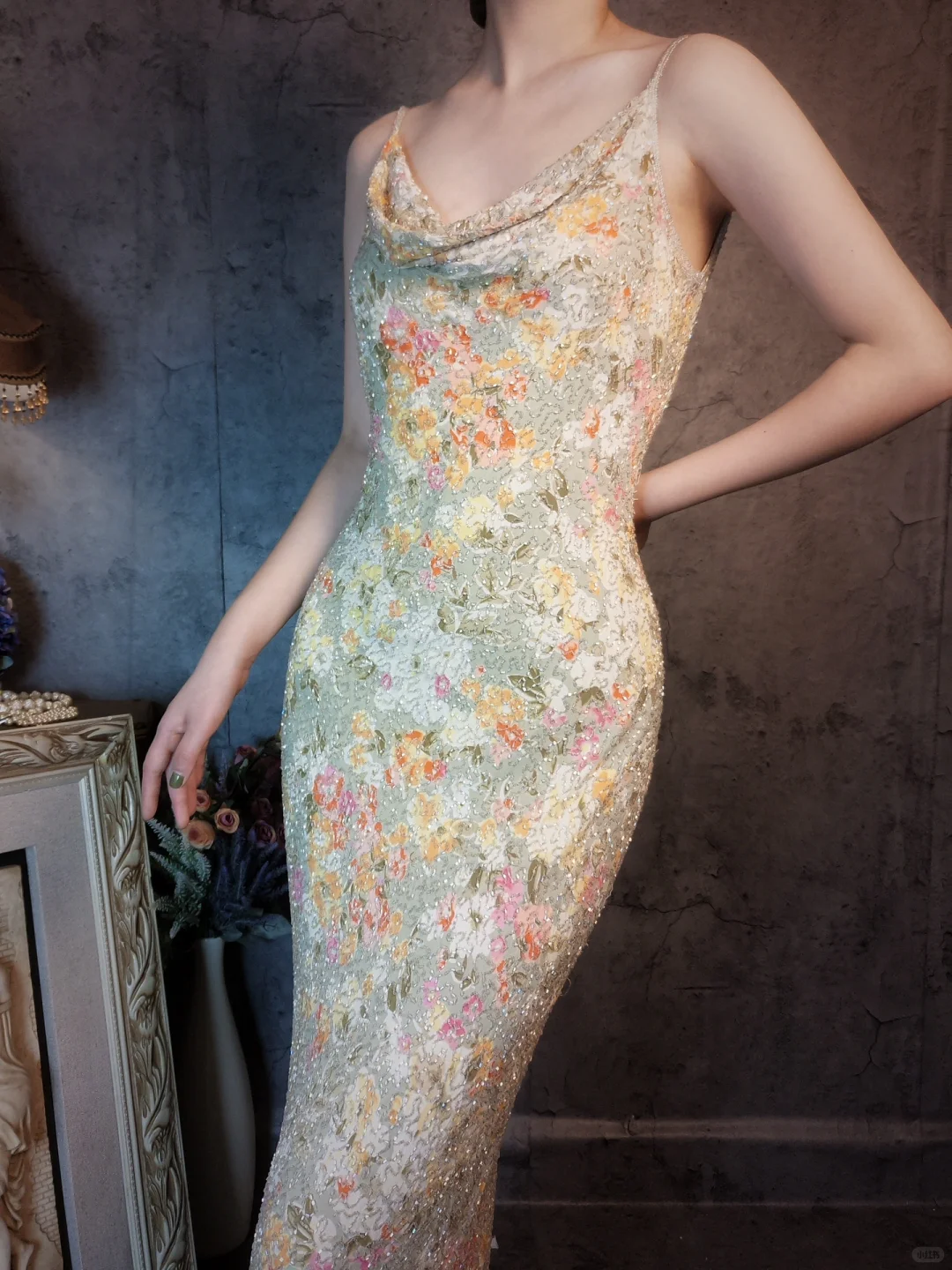 Vintage Floral Spaghetti Strap Sparkling Beaded Design Romantic Chiffon Evening Dress Prom Dress TP4027