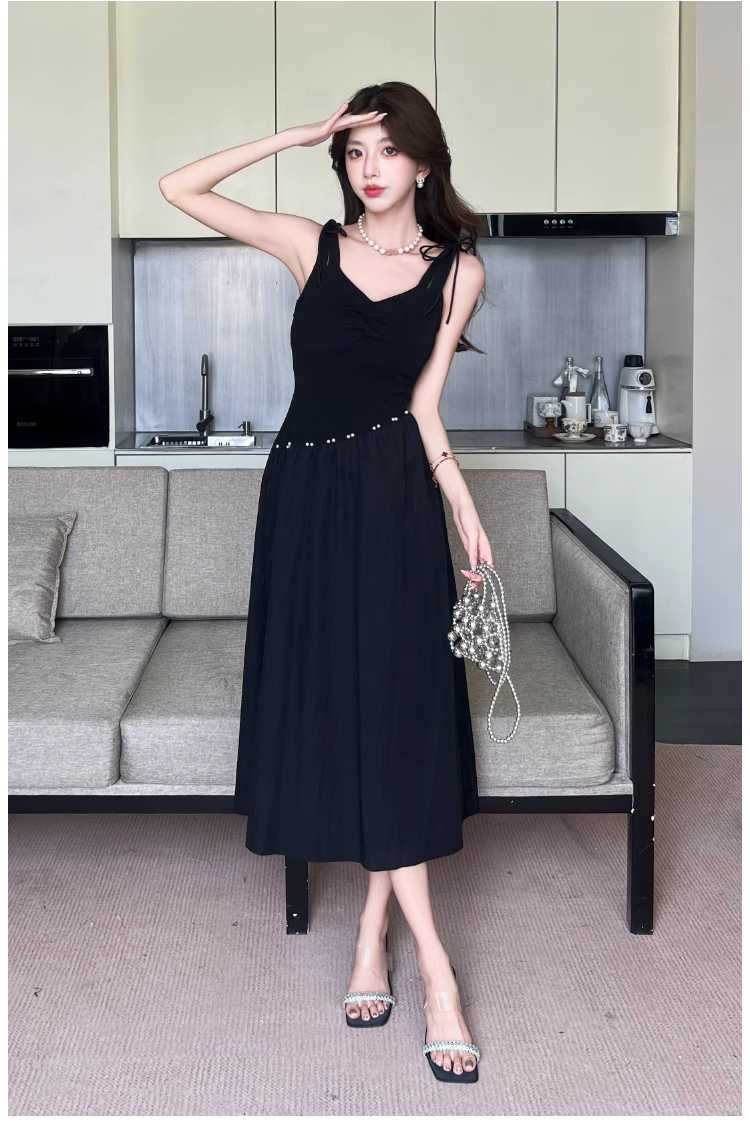 Simple Fashion Black Sleeveless Waist-cinching Design A-line Vest Dress TP3380