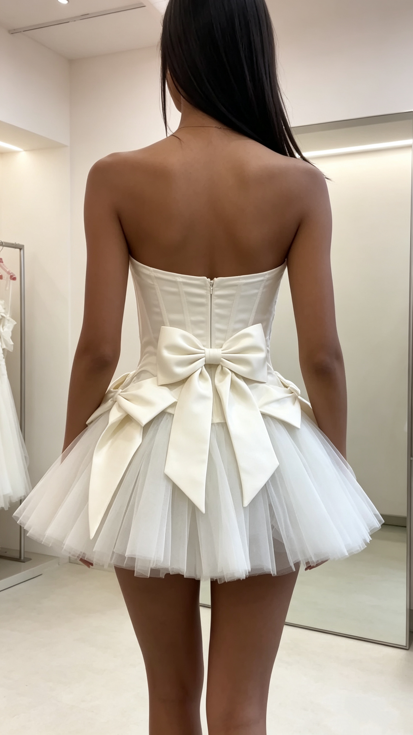 Vintage Ivory Strapless 3D Floral Large Bow Tulle A-Line Homecoming Dress TP6035