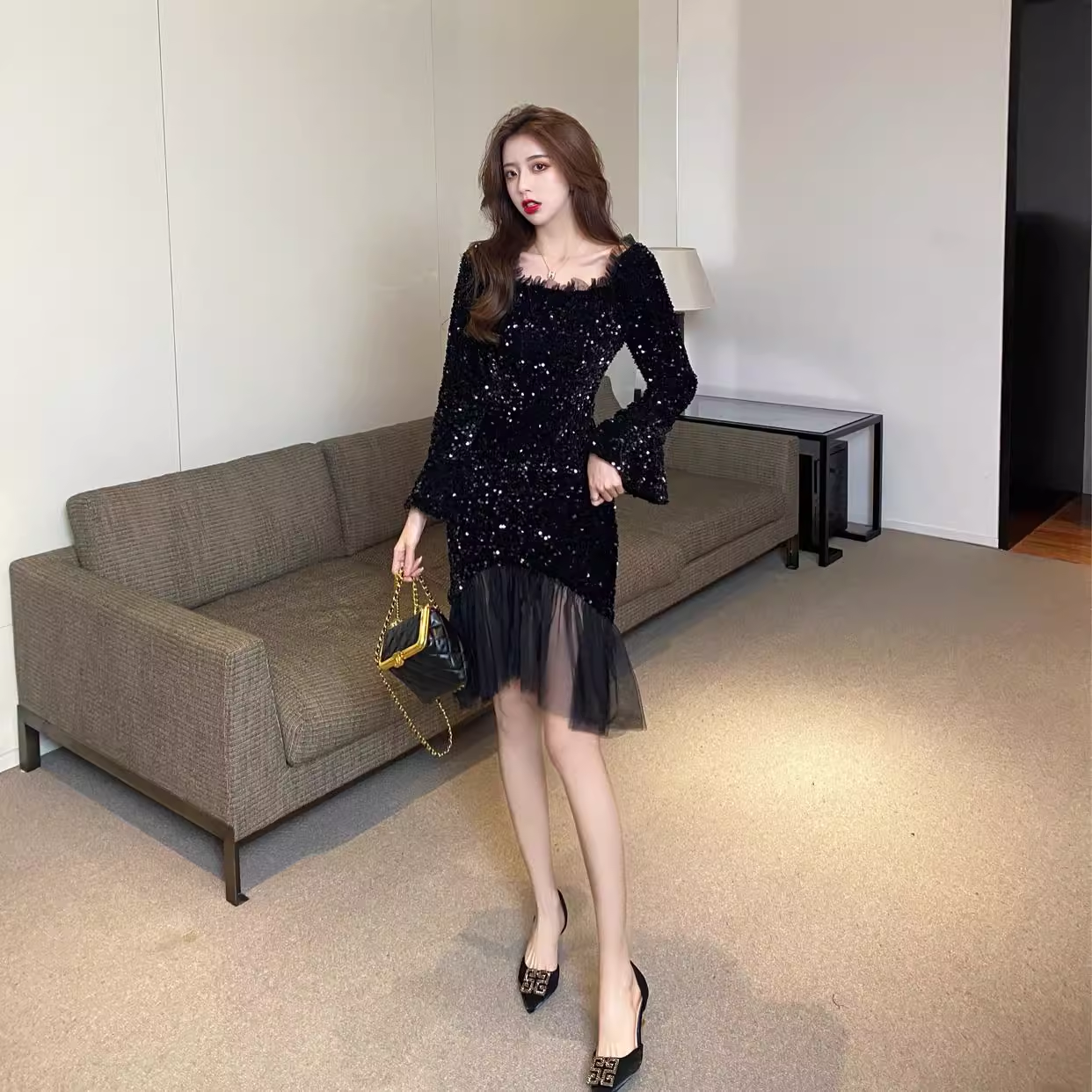 Vintage Elegant Sequins Design A-Line Square Neckline Mermaid Long-sleeved Dress TP3137