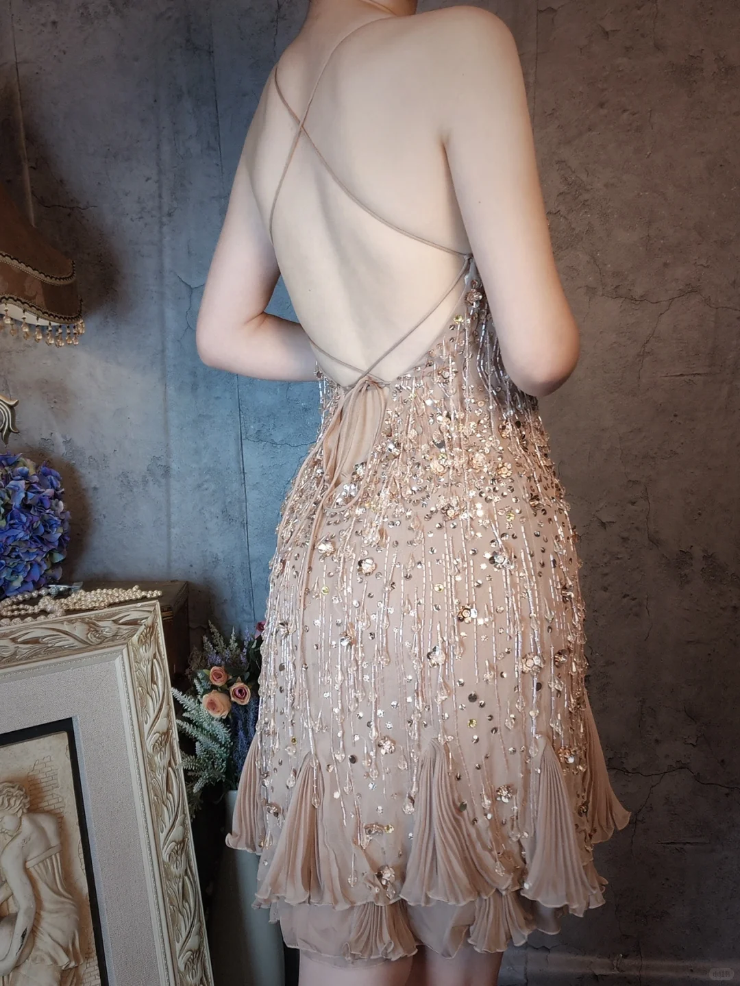 Vintage Champagne Spaghetti Strap V-neck Sparkling Beaded Design Elegant Chiffon Evening Dress Prom Dress TP4032