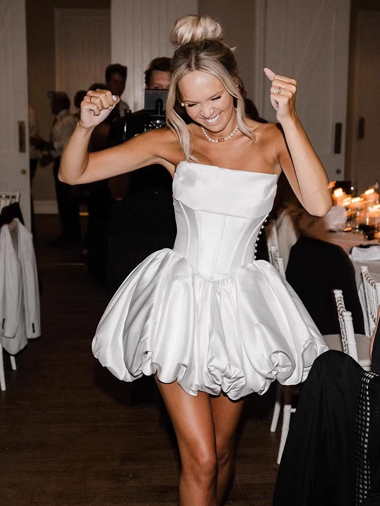 Retro White Satin Strapless Corset Mini Puffy Homecoming Dress Cocktail Dress TP5612