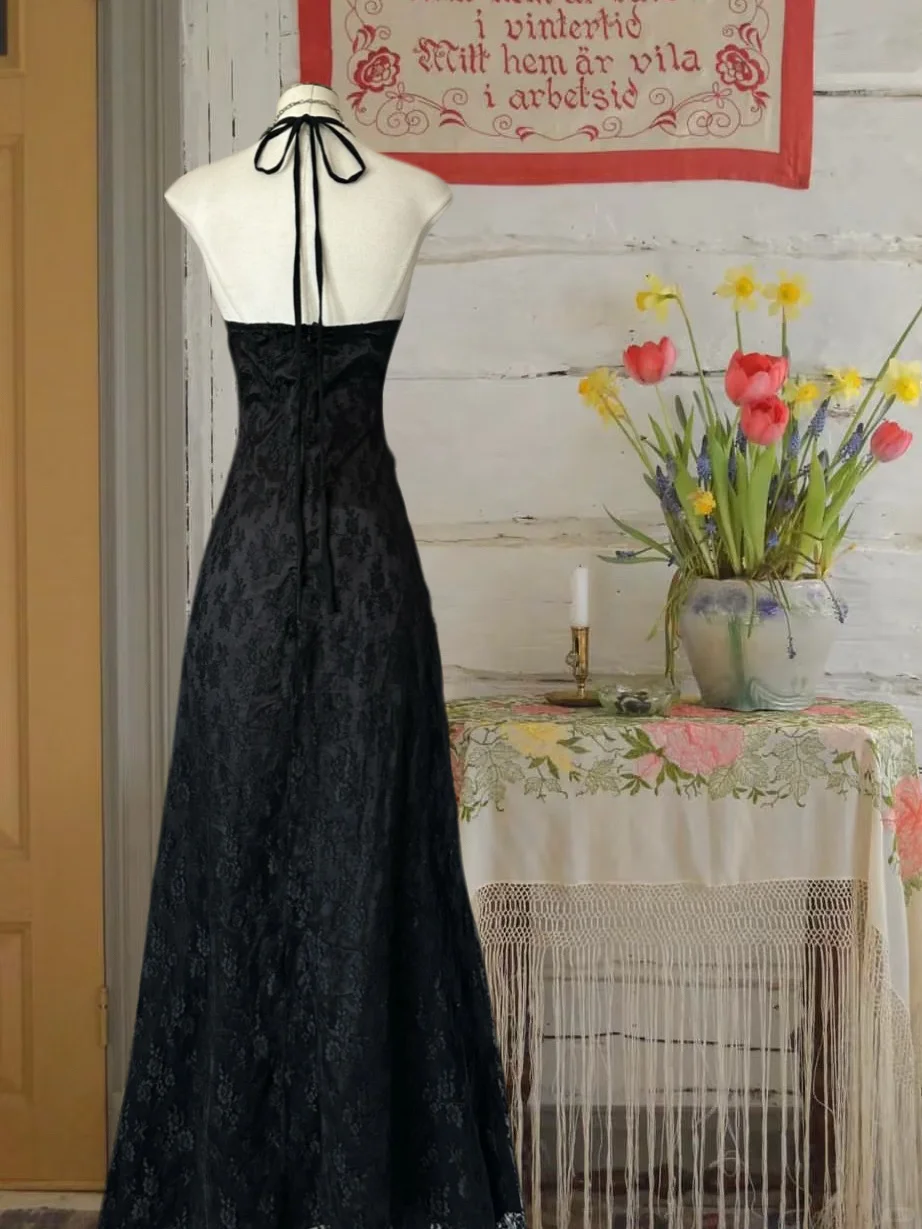 Vintage Black Halter-neck Lace Evening Gown A-Line Party Dress Long Formal Dress TP4895