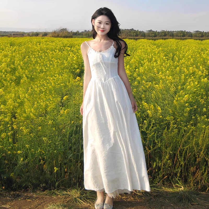 Simple Fashion White Lace Design A-line Beach Holiday Spaghetti Strap Dress TP3385