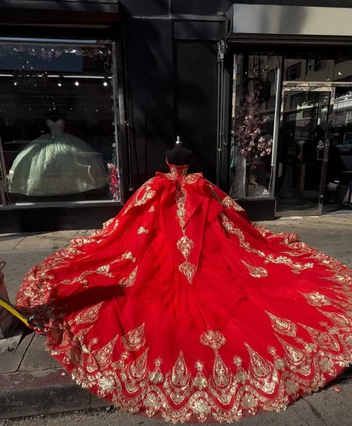 Elegant Red Sweetheart Golden Embroidered Sequins Quinceanera Ball Gown TP5243