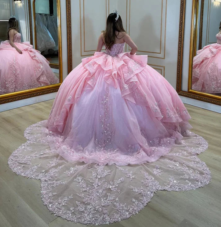 Elegant Pink Sweetheart Embroidered Sequins Quinceanera Ball Gown TP5244