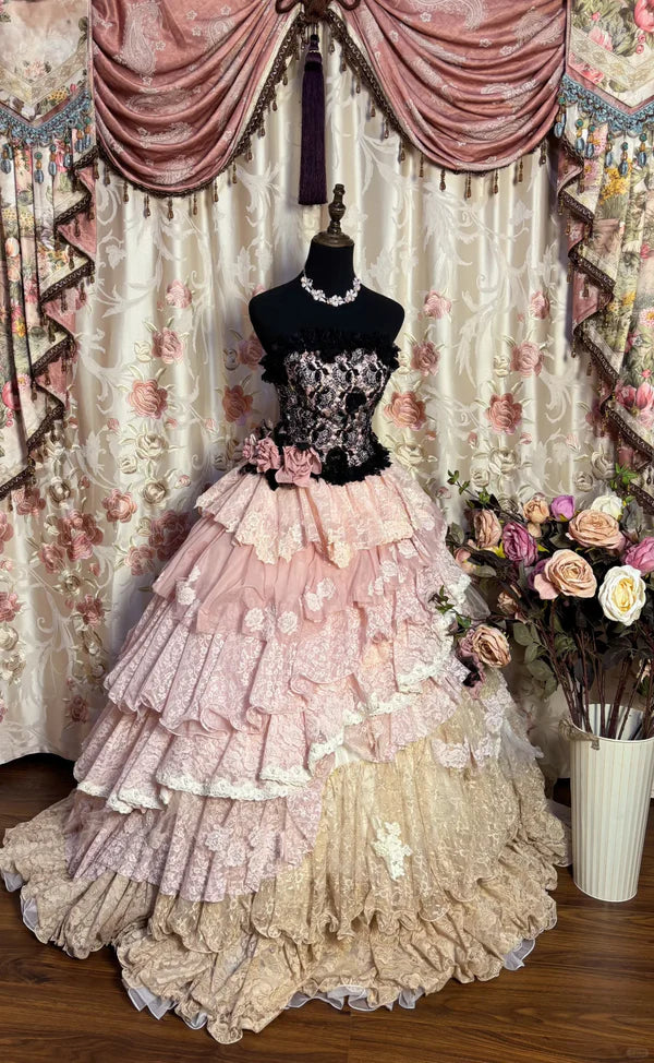 Vintage Pink Lace Strapless Tiered Sweet 16 Quinceanera A-Line Evening Dress Ball Gown TP4289