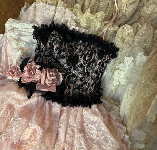 Vintage Pink Lace Strapless Tiered Sweet 16 Quinceanera A-Line Evening Dress Ball Gown TP4289