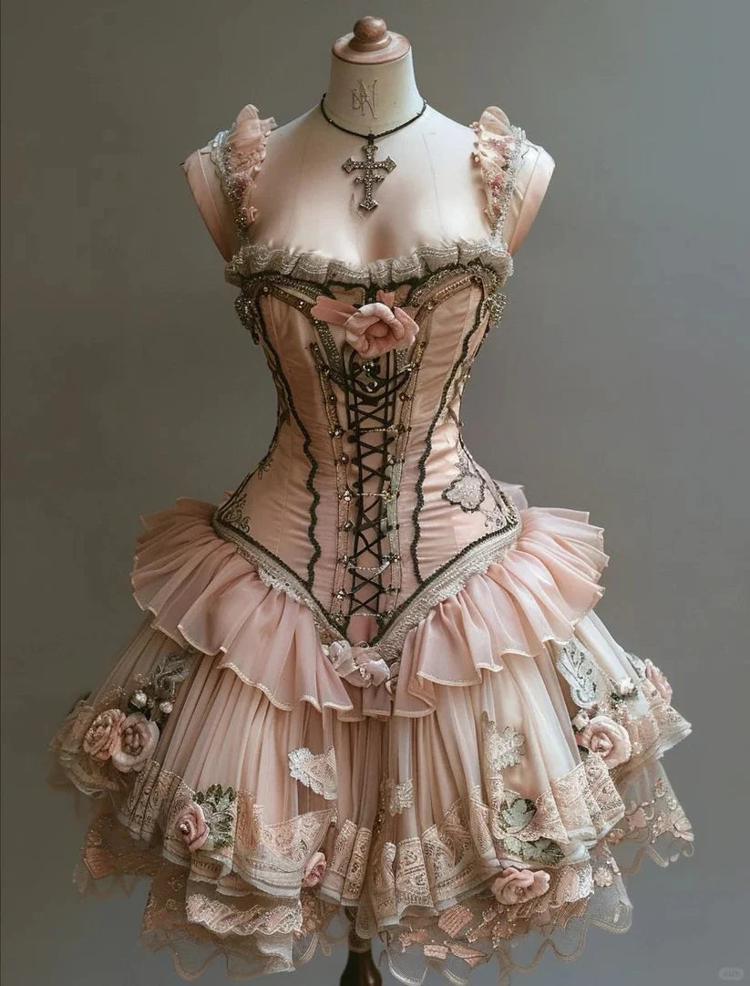 Retro 3D Floral Design Lolita Princess Dress A-line Beaded Chiffon Tiered Party Dress Homecoming Dress TP4085