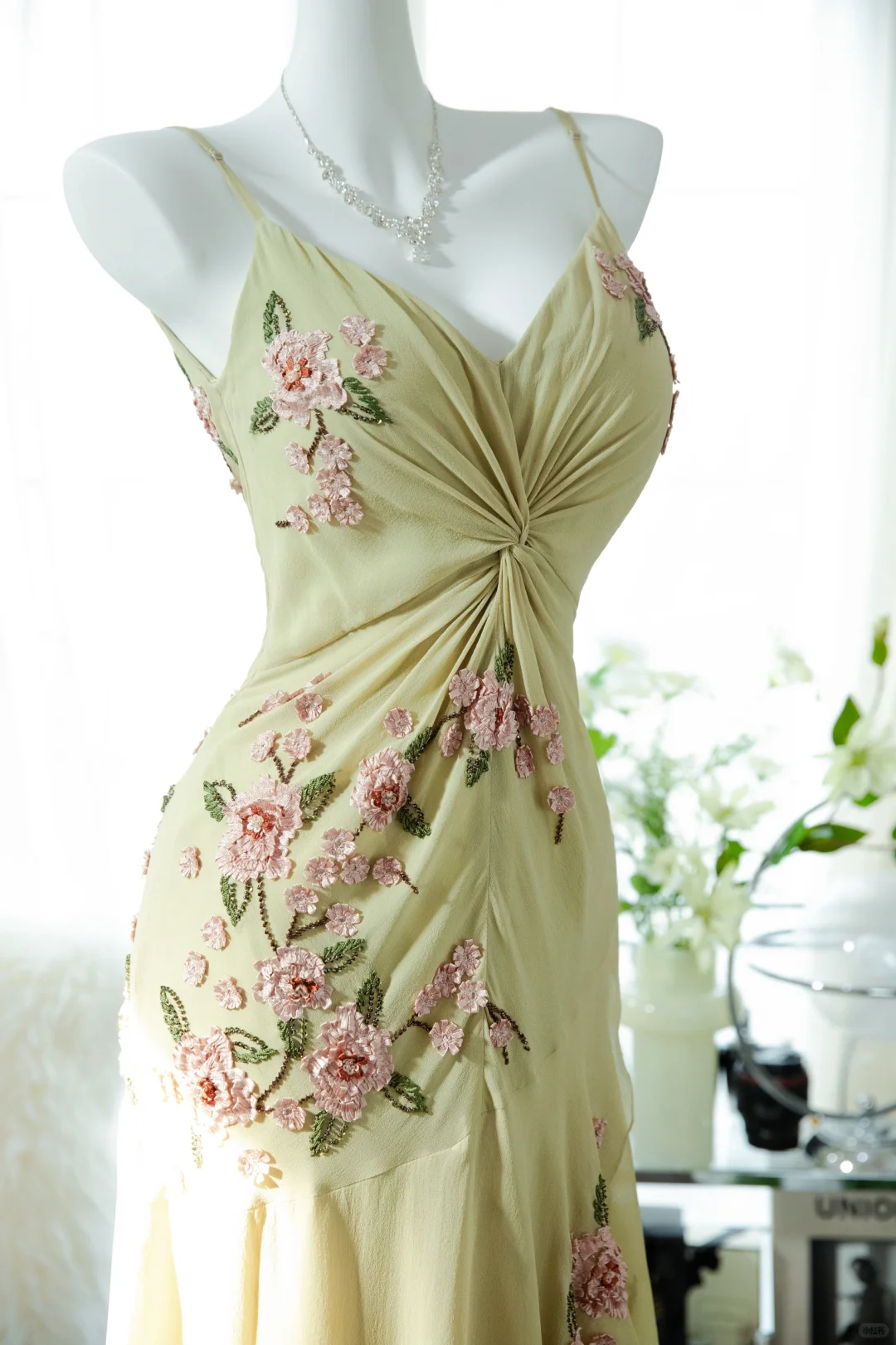 Vintage Light Green Spaghetti Strap Floral Design A-line Romantic Chiffon Evening Dress Prom Dress TP4006