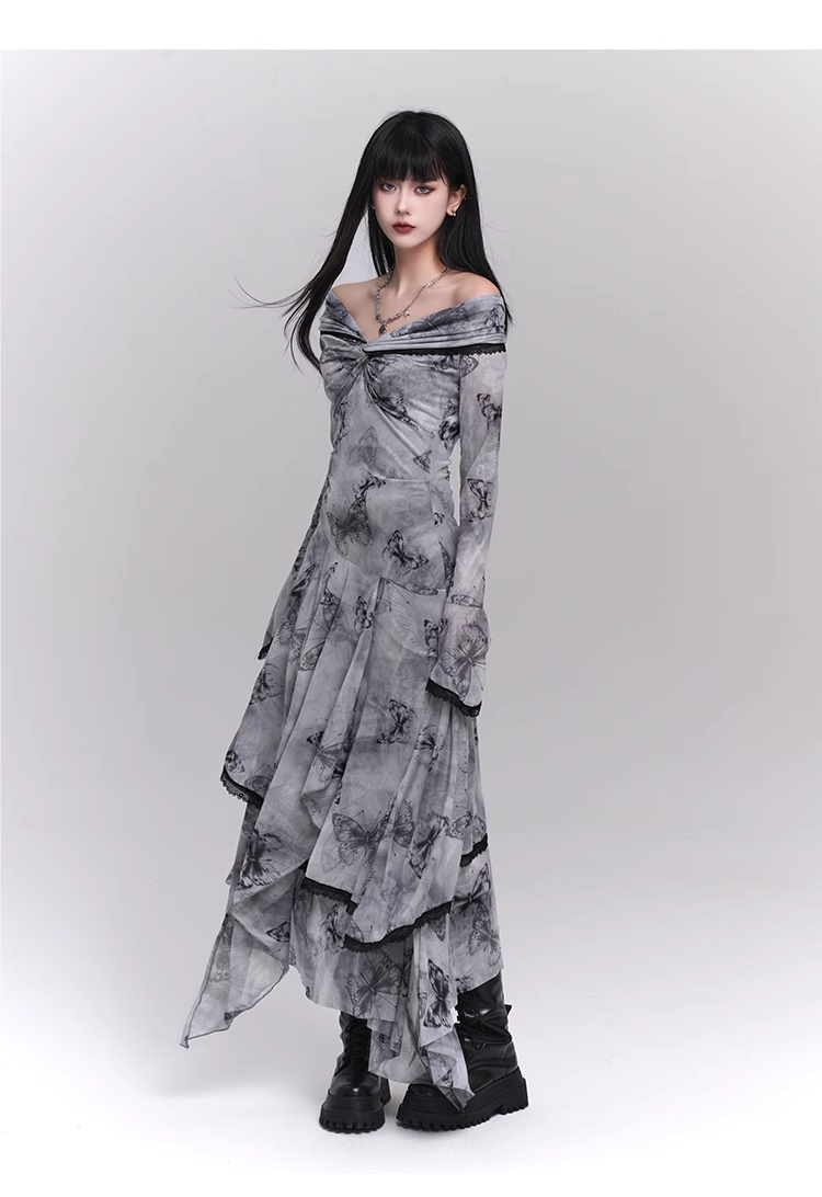 Fashion Butterfly Pattern Gothic Style Bell Sleeve Design Long-sleeved Dress TP2933
