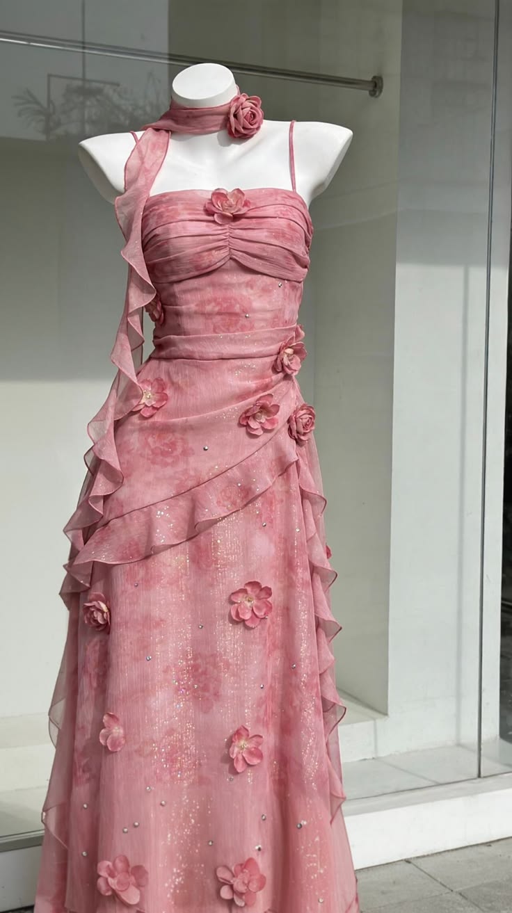 Gorgeous Pink Floral Chiffon Maxi Dress 3D Flowers and Scarf Elegant Prom Gown TP5757