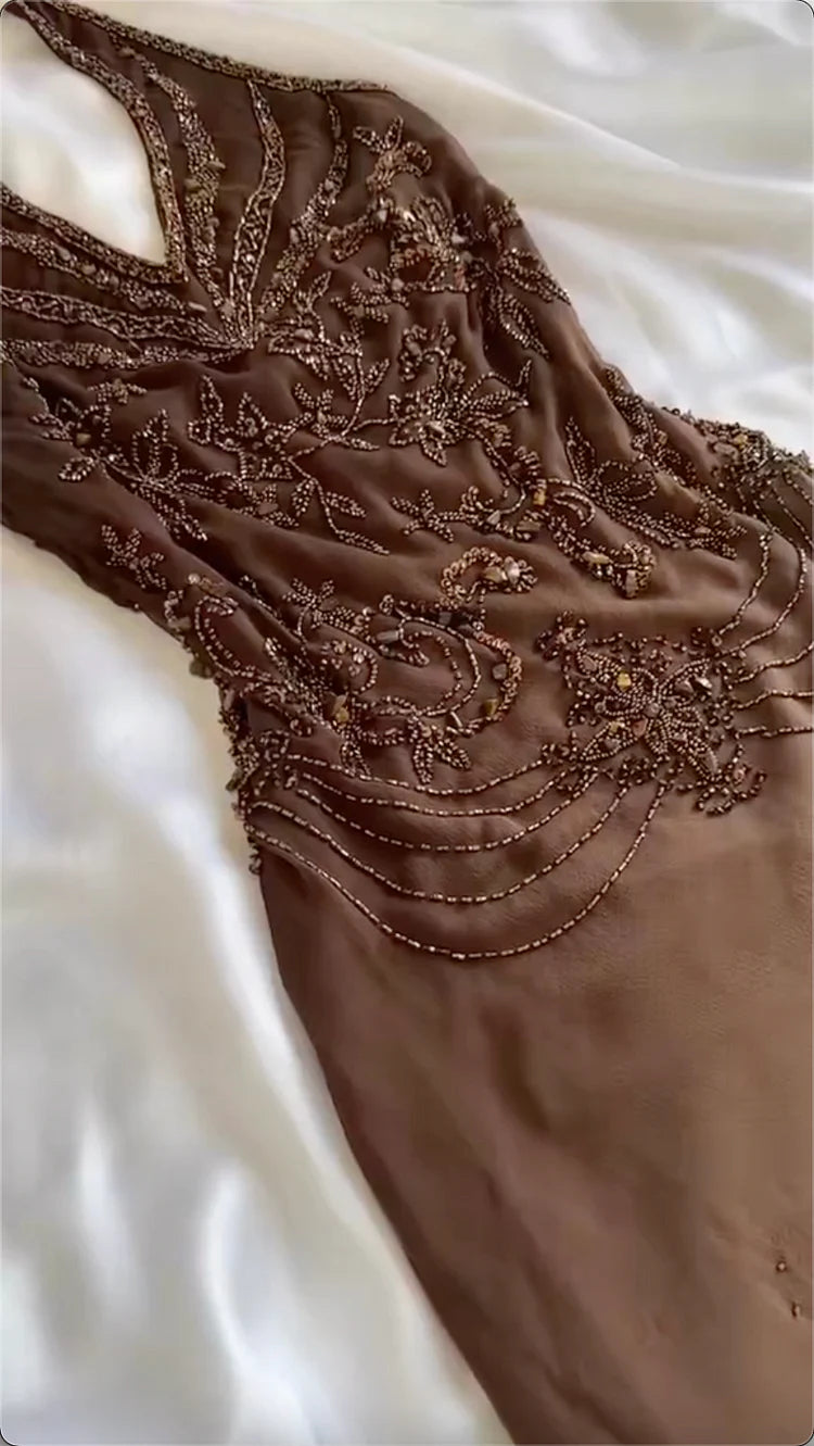 Retro Gradient Gorgeous Exquisite Beaded Halter Dress Long Chiffon Evening Gown Prom Dress TP4076