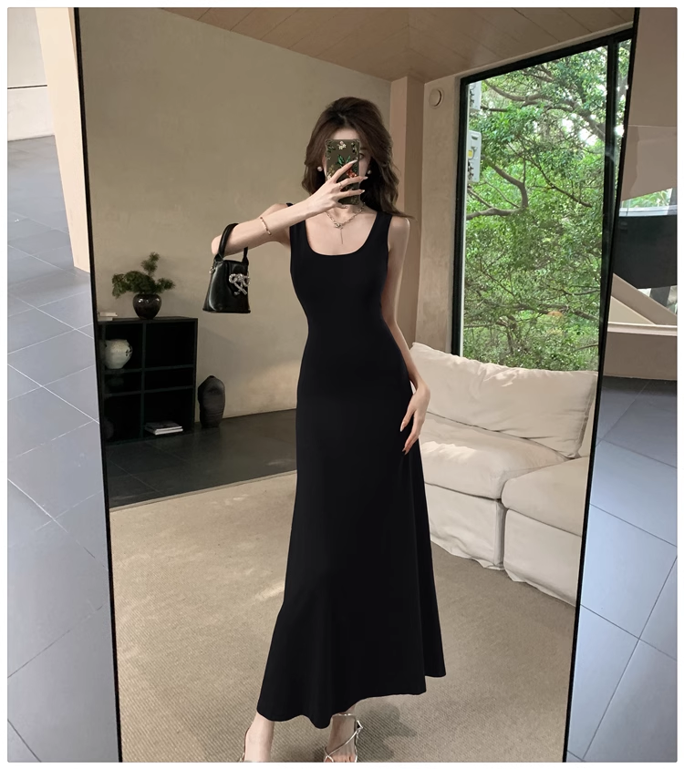 Simple Elegant Square Collar Design A-Line Sleeveless Strap Dress TP3140