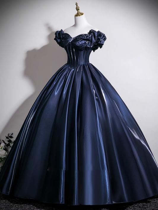 Gorgeous Navy Blue Satin Off-the-shoulder Sweet 16 Quinceanera A-Line Ruffled Evening Dress Ball Gown TP4914