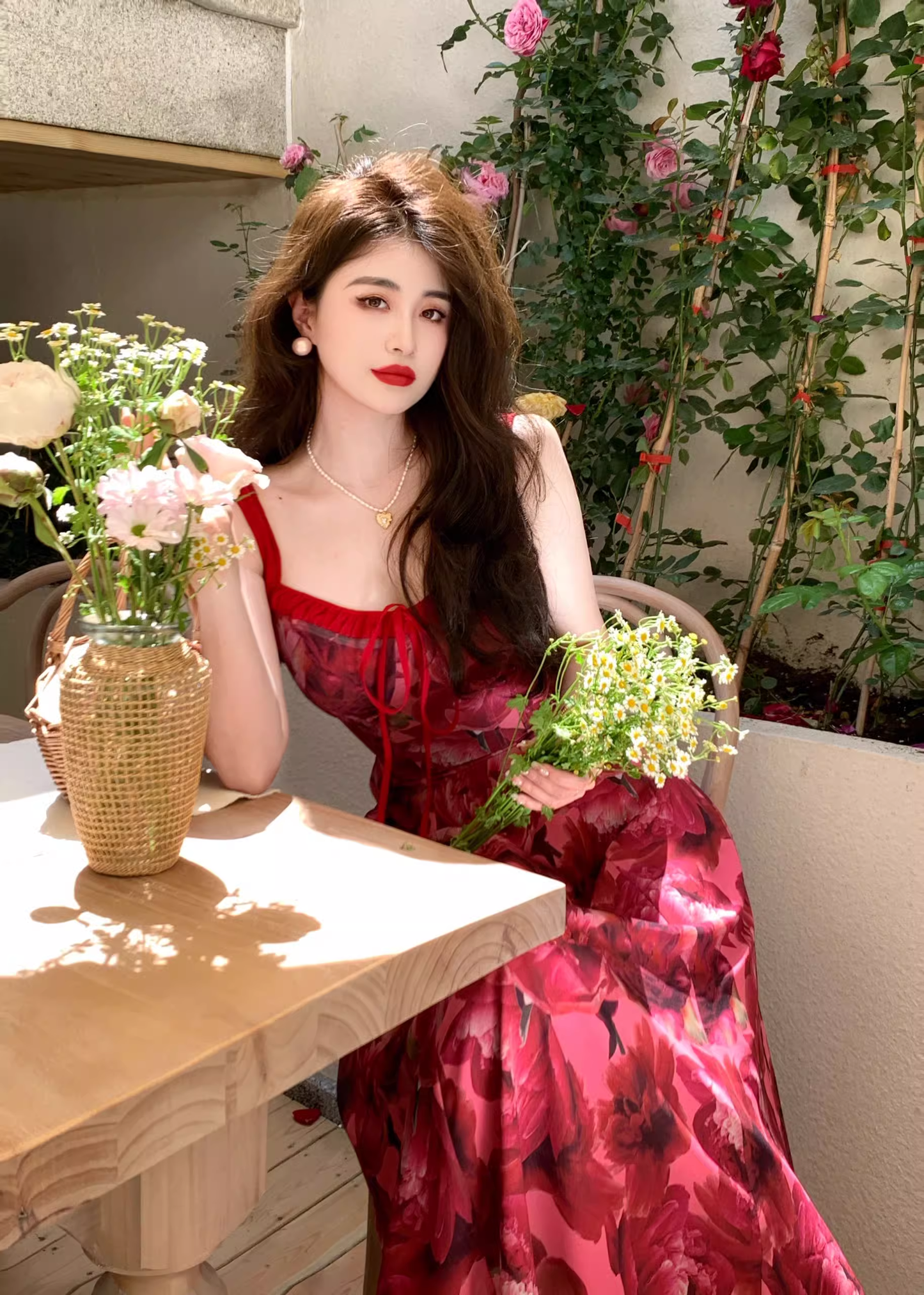 Stylish Red Rose Floral Design Elegant Casual Spaghetti Strap Dress TP3013