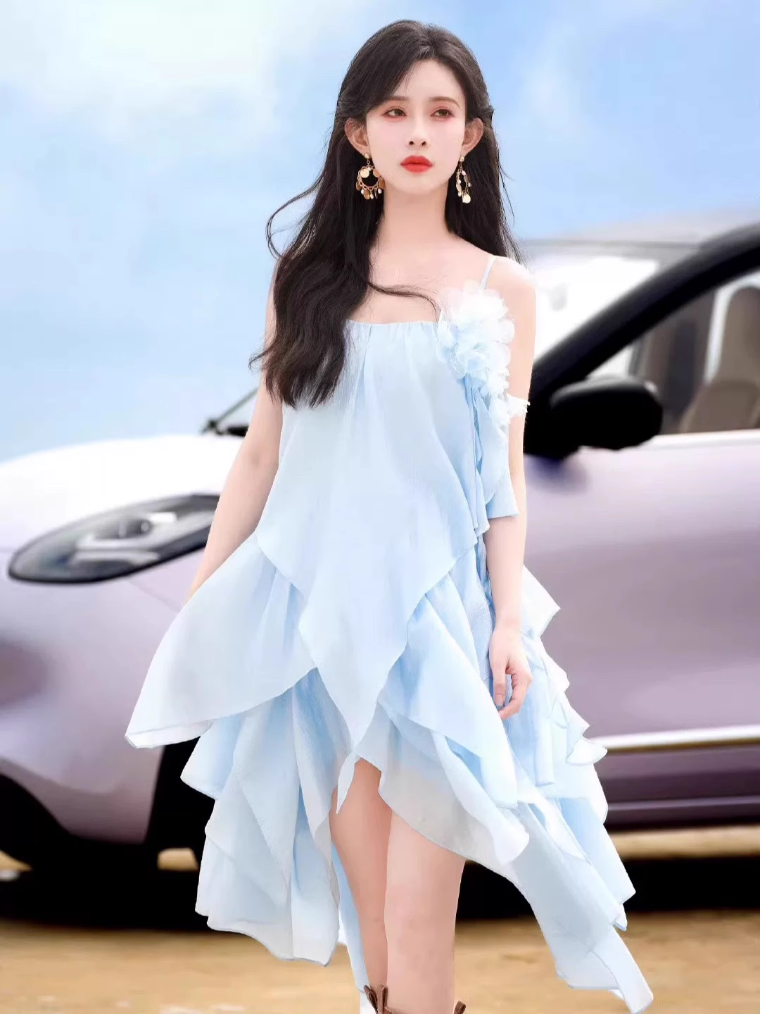 New Fashion Light Blue 3D Flower Spaghetti Strap Irregular Hem Design Summer Party Dress TP3944