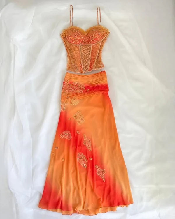 Vintage Orange Ombre Sweetheart A-Line Two Pieces Prom Dress Beaded Chiffon Spaghetti Strap Formal Dress TP4571