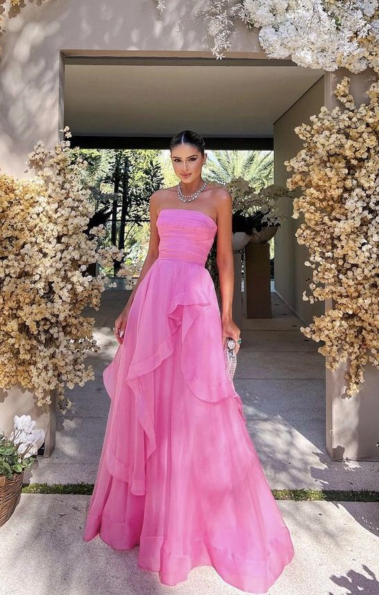Vintage Hot Pink Strapless Long Prom Dress A-Line Ruffle Formal Dress TP4604