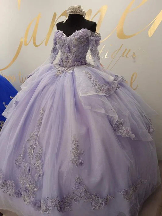 Gorgeous Lilac Sweetheart Applique Off-the-shoulder Sweet 16 Quinceanera A-Line Floor-length Prom Dress Birthday Dress Evening Dress Ball Gown TP4415