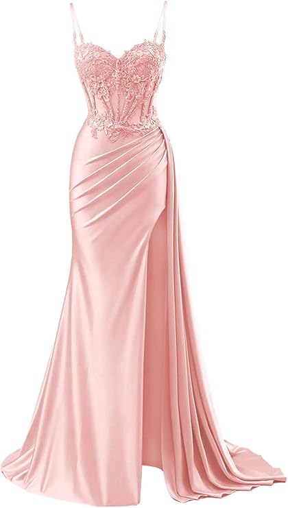 Vintage Sheath Applique Sweetheart Satin Evening Gown Spaghetti Strap Party Dress Slit Long Formal Dress TP4901