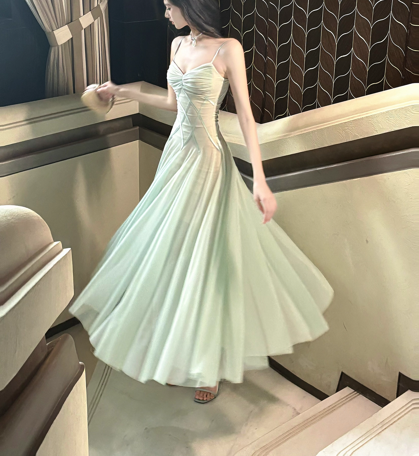 Vintage Sage Green Chiffon Prom Dress A-Line Spaghetti Strap Evening Dress Long Formal Dress TP4731