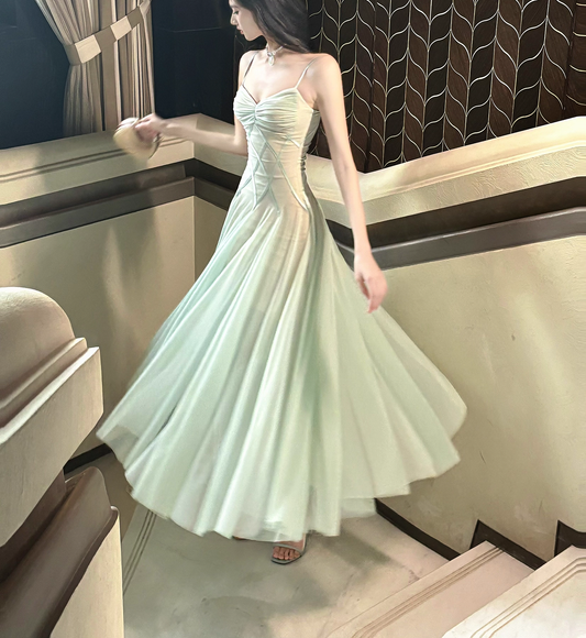 Vintage Sage Green Chiffon Prom Dress A-Line Spaghetti Strap Evening Dress Long Formal Dress TP4731