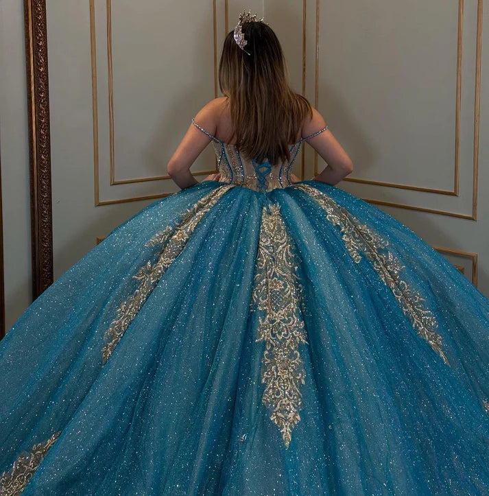 Glamorous Blue Glitter Tulle Off-the-Shoulder Beaded Gold Embroidered Hem Sweet 15 Quinceanera Ball Gown TP5441
