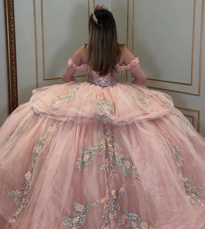 Glamorous Pink Glitter Tulle Off-the-Shoulder Floral Embroidery Tiered Sweet 15 Quinceanera Ball Gown TP5439