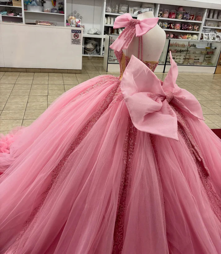 Glamorous Pink Tulle Sweetheart Beaded One-Shoulder Ruffled Sweet 15 Quinceanera Ball Gown TP5435