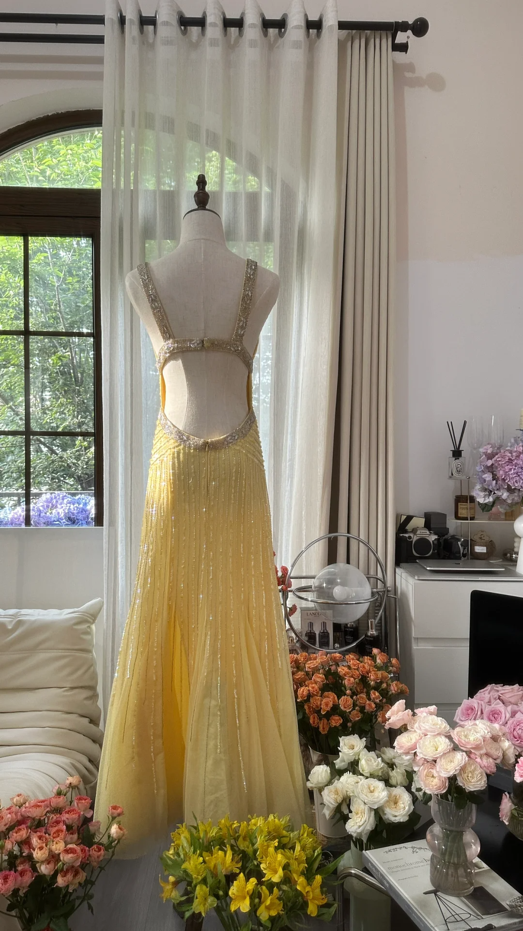 Retro Yellow Shiny Backless Design A-line Elegant Chiffon Evening Dress Prom Dress TP3997