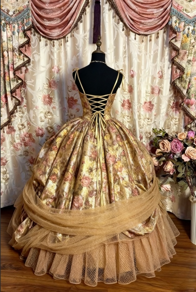 Vintage Gold Floral Spaghetti Strap A-Line Sparkle Tulle Layered Sweet 16 Quinceanera Ball Gown TP5424