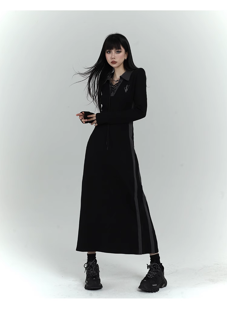 New Fashion Design Sense Long Black Long-sleeved Dress TP2920