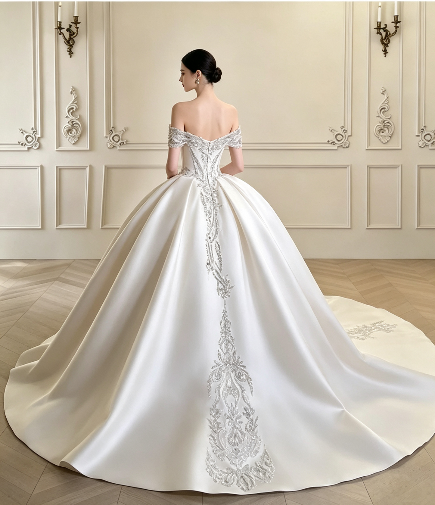 Elegant Off‑the‑Shoulder Satin Silver Beaded Lace Appliques Cathedral Train A-Line Wedding Dress TP6132