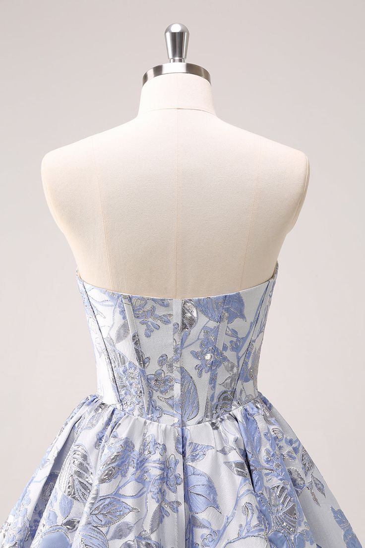 Retro Fashion Blue Corset Design Strapless Mini Party Dress Floral Homecoming Dress TP3393